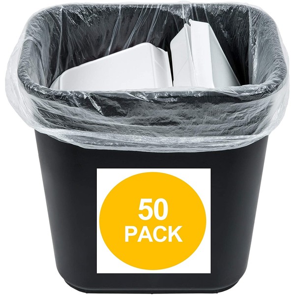 50 Small to Medium Trash Bags | 7-8-9-10 Gallon Trash Bags | 24" x 24" Clear Garbage Bags - Commercial Waste Basket Trash Bags | Bulk Plastic Bathroom Trash Can Liners | Office Shredder Bags