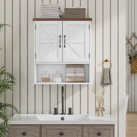 Mino Kesper Bathroom Wall Cabinet with Barn Doors, Wall Mounted Bathroom Storage Cabinet, Farmhouse Style, Adjustable Shelf, Wall Mounted, White