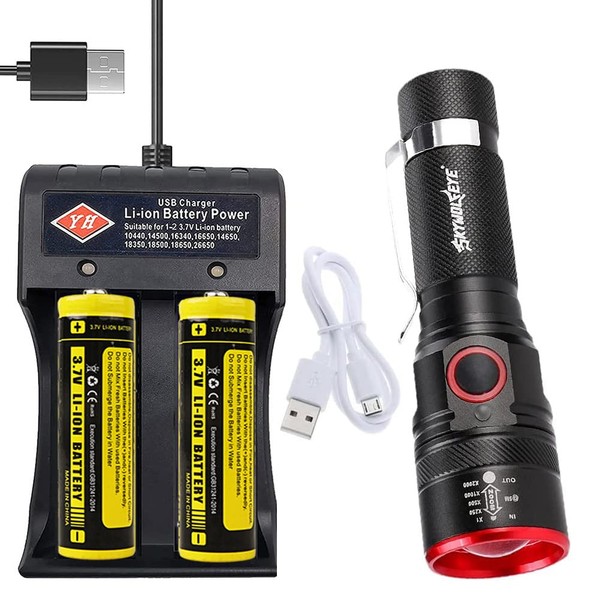 YIYUANIJI 3 Modes Torch, Waterproof, Compact Handheld Flashlight with 2PCS 18650 Flashlight and 2-Slot USB Charger, 18650 Flashlight Suitable for Fishing, Walking Dog at Night, Camping Outdoor