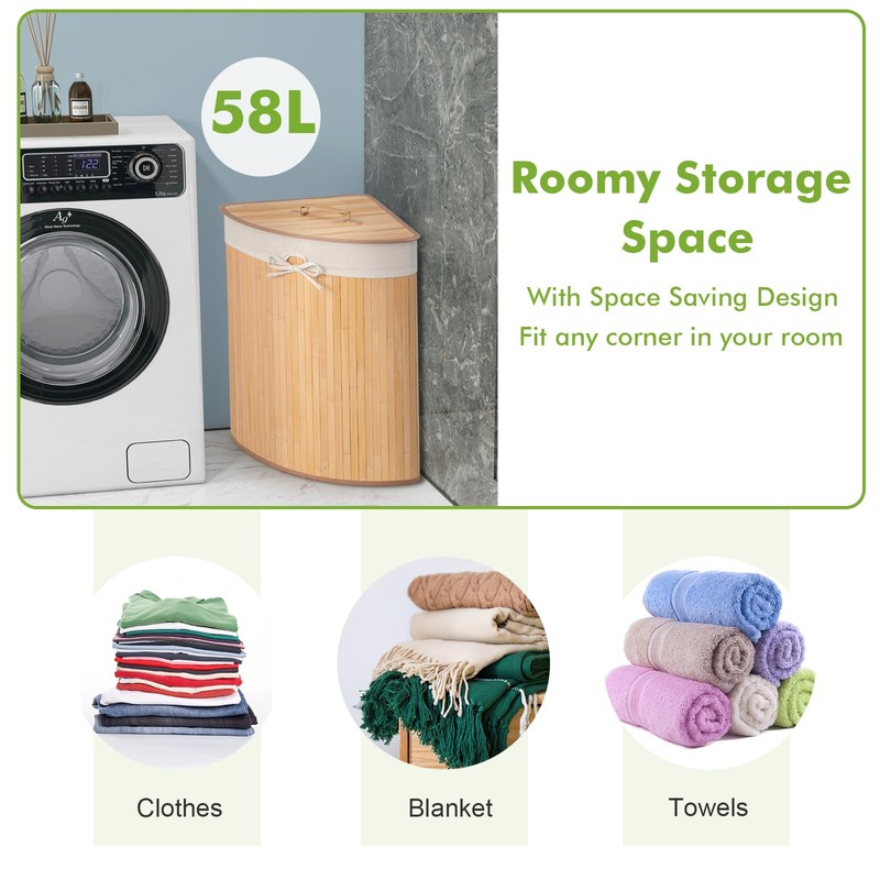 Giantex Corner Laundry Hamper with Lid, 58 L Bamboo Laundry