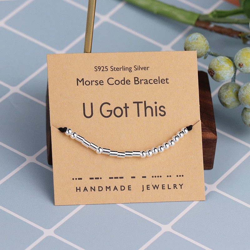 Gleamart Morse Code Bracelets Sterling Silver Beads Silk Cord Bangles