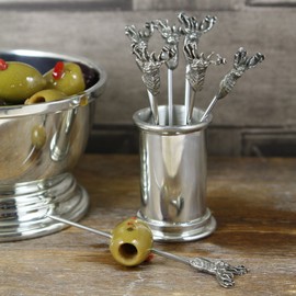 English Pewter Company Set of 6 Pewter Stag Head Cocktail/Olive Picks and Holder [STAG126]