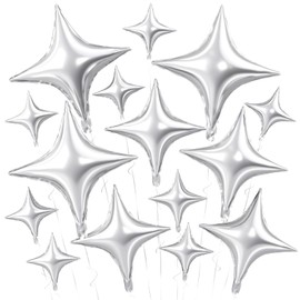 Silver Four Angle Star Balloons,15Pcs Silver Star Foil Balloons,26/18/10 Inch Quadrangle Star Helium Mylar Balloons for Wedding Birthday Prom Anniversary Baby Shower Party Decorations