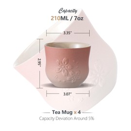 ZENS Japanese Tea Cups Set of 4 – 210ml Ceramic Handleless Tea Cups, Embossed Sakura Design, Traditional Japanese Style Cups for Matcha Tea, Hot Tea, Espresso, Sakura Pink