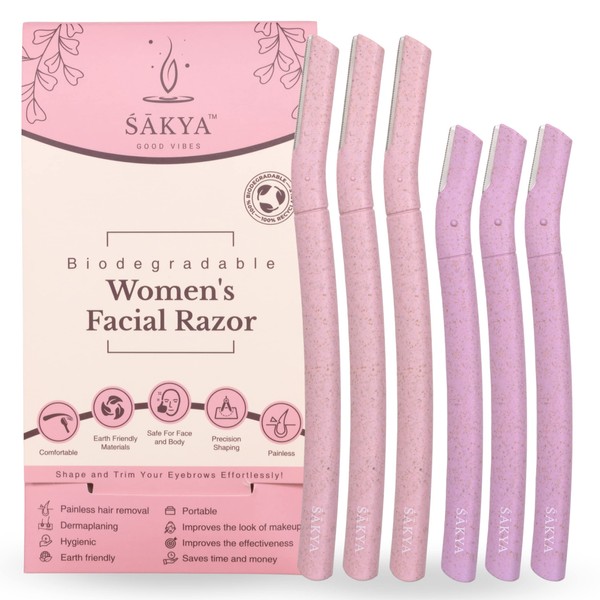 Sakya Biodegradable Women's Dermaplaning Tool - Hair Removal Face Razor for Body Use - Blade for Eyebrows and Peach Fuzz - 6 Count