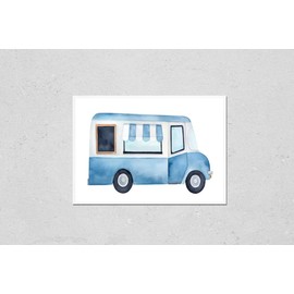 Watercolour drawing of colorful ice cream truck with service window, striped awning, blank wood framed chalkboard. Handdrawn water color graphic painting on white, cutout clipart element for design.