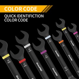 GRENPRO Ratcheting Wrench Set Metric And Standard, 9PC 8-19 mm 72Th Long Big Box Open End Ratchet Wrenches Organizer With Color Ring With Roll Up Pouch With 1 Gauge, Large Combination Wrench Tool Sets