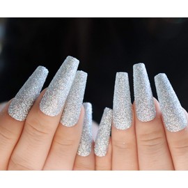 MISUD Glitter False Nails Extra Long Coffin Fake Nails Shiny Silver Full Cover Press on Nails for Women and Girls