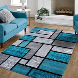 HADBA Turquoise & Gray Geometric 5x7 Area Rug – Modern Abstract Design, Soft Living Room Carpet, Stain-Resistant Floor Décor