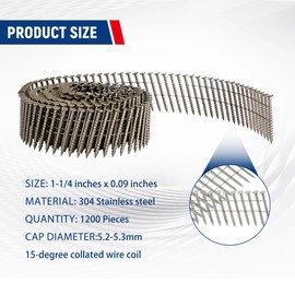 waltyotur 1200 Count Stainless Steel Coil Roofing Ring Shank Siding Nails 15-Degree Collated Wire Coil 1-1/4 Inch, 0.09 Inch Ring Shank, Small Cap Coil Stud Siding Nails