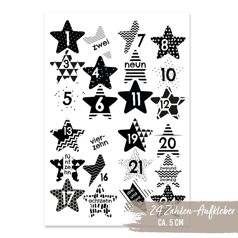 Papierdrachen 24 Advent calendar number stickers black and white stars