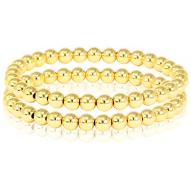 by you Stainless Steel Gold Silver Beaded Ball Bracelets for Women Stretchable Elastic Bracelet Set (6mm 2pcs - Gold)