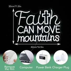 JLEWUINH Faith Can Move Mountains Neon Sign Dimmable Led Light Up Jesus Cross Sign for Wall Decor USB Powered White Neon Light for Home Christ Church Wedding Station (16.5''*11.8'')