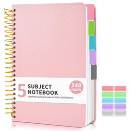 5 Subject Notebook College Ruled, Hardcover Spiral Notebook with Removable Pocket Dividers Tabs, 240 Pages Lined Spiral Journal Notebook for Women, 5x7 Notebooks for Work School Note taking A5 Pink