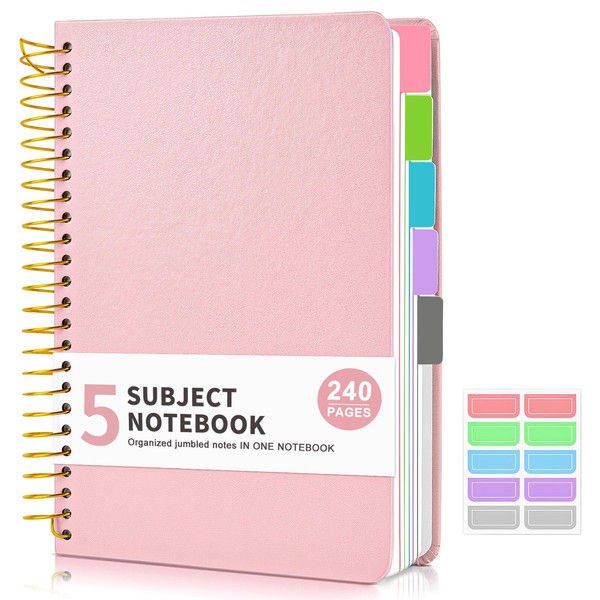 5 Subject Notebook College Ruled, Hardcover Spiral Notebook with Removable