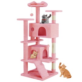 Sweetcrispy 54-Inch Cat Tree Tower – Multi-Level with Sisal Scratching Post, Perfect Pet Gift, Indoor Condo with Climbing Ladder, Plush Toy, and More Animal Stuff, Pink