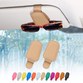 quipuda 2 Packs Sunglasses Holder for Car Sun Visor Accessories, Magnetic Geniune Leather Car Sunglass Holder, Glasses Clip for Automotive Eyeglass Hanger, Ticket Card Clip (Light Brown)
