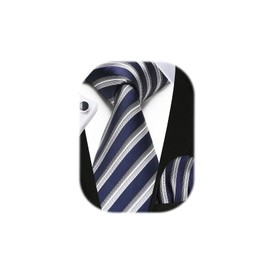 HISDERN Juego de corbatas a rayas para hombre y gemelos cuadrados de bolsillo, corbata de seda formal, corbata de boda, 02b-raya-azul y blanco