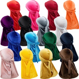 16 Pieces Velvet Durags Long Tail for Men Women Premium Satin Doo Rags 360 Wave Cap Bandana Hat Durag Cap Pirate Hat