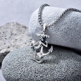 QHQPQ Nautical Sailing Gifts for Men Mermaid Jewellery 925 Sterling Silver Anchor Necklace Pendant Ocean for Boys Women