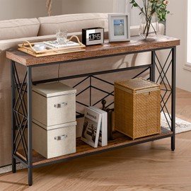 FULOOPHI Industrial Console Table for Entryway, Rustic Console Table Behind Couch, 2 Tier Sofa Tables for Home Living Room, Hallway, Entrance, with Metal Frame(48 inches)