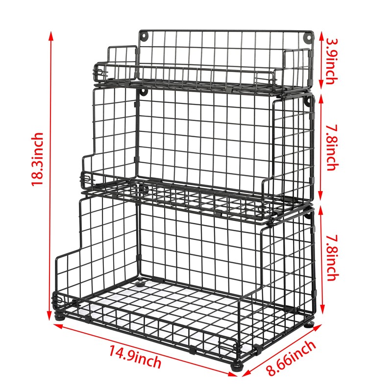 X-cosrack Stackable Wire Basket 3 Tier Countertop& Wall Mounted Metal