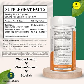 Bloofah Turmeric Curcumin Capsules 1000mg - 180 Count | Natural Turmeric Extract 10:1 (Cucurma Longa) Powder | 100% Pure, Gluten Free Herbal Supplements for Overall Wellness - Non-GMO