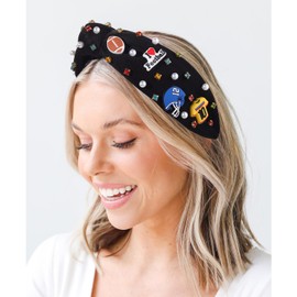 Diadema de fútbol para el día del juego para mujer, diadema anudada con perlas de vidrio, diadema de béisbol, diadema adornada con diamantes de imitación, diadema con nudo superior, accesorios para el día del juego, regalos para fanáticos del fútbol (neg