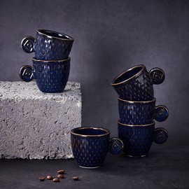 WE collection Unique Ceramic Espresso Cups, 3 oz Demitasse Cups, Set of 6 Embossed Vintage Glaze Small Espresso Coffee Cups (Blue)