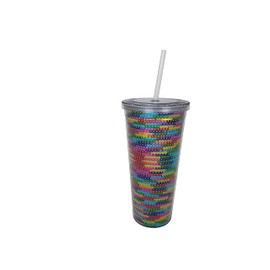 Essential Drinkware 24oz Glamour Sequin Glitter Tumbler Rainbow - Double Walled Acrylic, Spill Proof Cold Cup with Screw On Lid and Straw