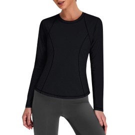 BMJL Womens Long Sleeve Shirts Soft Workout Tops with Mesh Back Slimming Cut Gym Shirts(Black,S)
