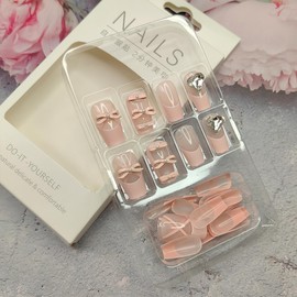 24Pcs Pink French Tip Press on Nails Short Fake Nails Ballet Shoes Design Bow Glue on Nails with Heart Nail Rhinestones Acrylic False Nails Cute Pink Square Artificial Nails for Women Valentines Nails