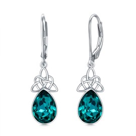 VONALA Celtic Knot Earrings 925 Sterling Silver May Birthstone Earrings Emerald Dangle Drop Leverback Earrings Jewellery Gift for Women