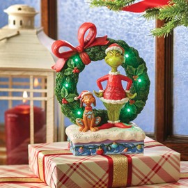 Enesco Dr. Seuss Grinch by Jim Shore Grinch and Max Standing by Wreath Lit Figurine, Stone Resin Hand Crafted Collectible Light Up Christmas Figurines Home Decor Sculpture Statue 8.2 Inch, Multicolor