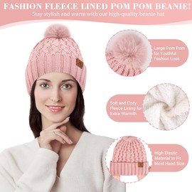 Womens Winter Beanie Hat Touchscreen Gloves Long Neck Scarf Set Warm Knit Caps with Pom Fleece Gifts for Women