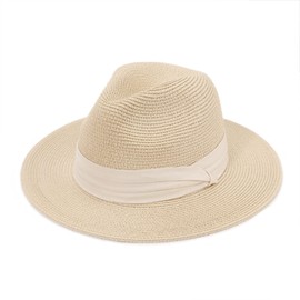 DRESHOW Women's Panama Hat Fedora Beach Sun Hat Wide Edge Straw Roll Up Hat UPF 50+, Panama Beige With Beige Ribbon