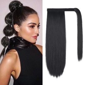 SEIKEA Clip in Ponytail Extension Wrap Around Straight Hair for Women (16'', Black)