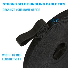 150 ft x 1/2 inch Hook and Loop Roll, Reusable Fastening Cable Ties, Multi-Purpose Cable Management Wire Ties Cable Straps for Organizing Home, Office and Data Centers