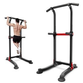 ZENOVA Pull Up Bar Dip Bar Power Tower Workout Dip Station Height Adjustable Free Standing Chin Up Bar for Men Women Teens 300LBS Weight Capacity (Red and Black)