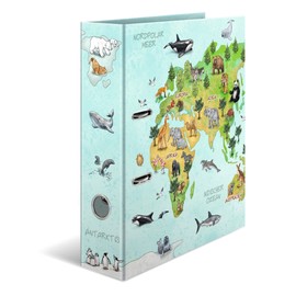 HERMA Lever Arch File Kindergarten Animals with World Map Motif, A4, 70 mm Spine, with Inner Print, 1 Folder