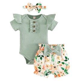 GDTOGRT Baby Girl Clothes 0-3 Months Newborn Infant Outfit Ruffle Romper Short Pants Clothing Sets for Summer Spring - Green