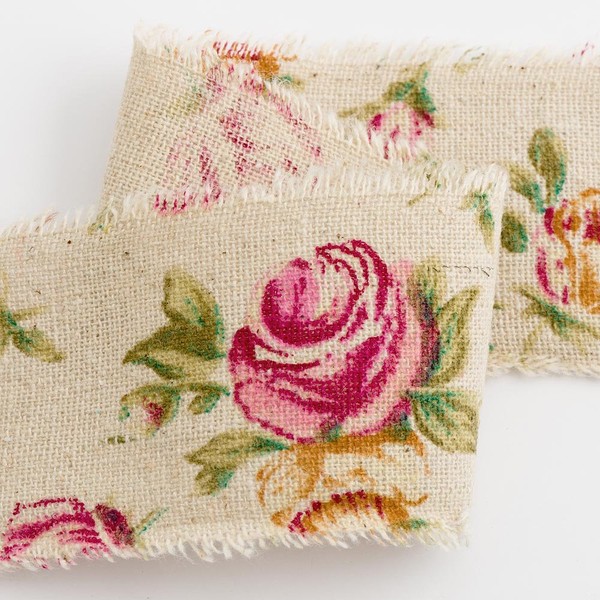 Vintage Rose Floral Print Hessian Burlap Ribbon - 50mm x