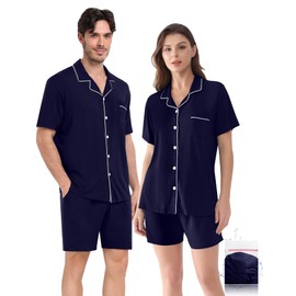 YOPUGEE Matching Pajamas for Couples Mens Summer Pjs Shorts Sets 2 Piece Button Down Loungewear S-XXXL Deep Navy