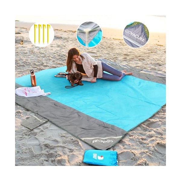 covacure Beach Blanket Beach Mat with 3 Zipper Pockets, Extra Large 210 x 200cm Water Resistant Sand Proof Picnic Blanket for Beach, Camping, Hiking, Picnic (Blue)