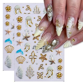 2 Sheets Shell Nail Stickers Marine Life Nail Decals for Nail Art Golden Flower Starfish Nail Decals Marine Life Design Nail Art Supplies for Women Summer Manicure Decoration