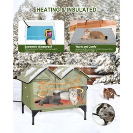 Large Heated Cat House for Outside in Winter, Elevated Insulated Heated Outdoor Cat House Weatherproof with Heating Pad, Waterproof Outdoor Cat Shelter for Multiple Cats Small Dogs(Green)