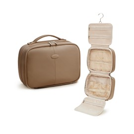 EACHY Toiletry Bag with Hanging Hook, Travel Makeup Bag PU Leather Cosmetic Bags for Women Make Up Organizer with 4 Compartments Waterproof Full-Size Portable Travel Essentials (Etoupe Grey-Pro)