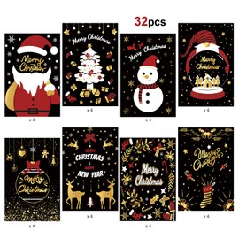 HOWAF 32 Pack Black Christmas Greeting Cards with Envelopes and Stickers, Reindeer Xmas Tree Gnome Snowman Snowflake Cards for Winter Holidays, Xmas, New Year, Gift Giving, 8 Designs