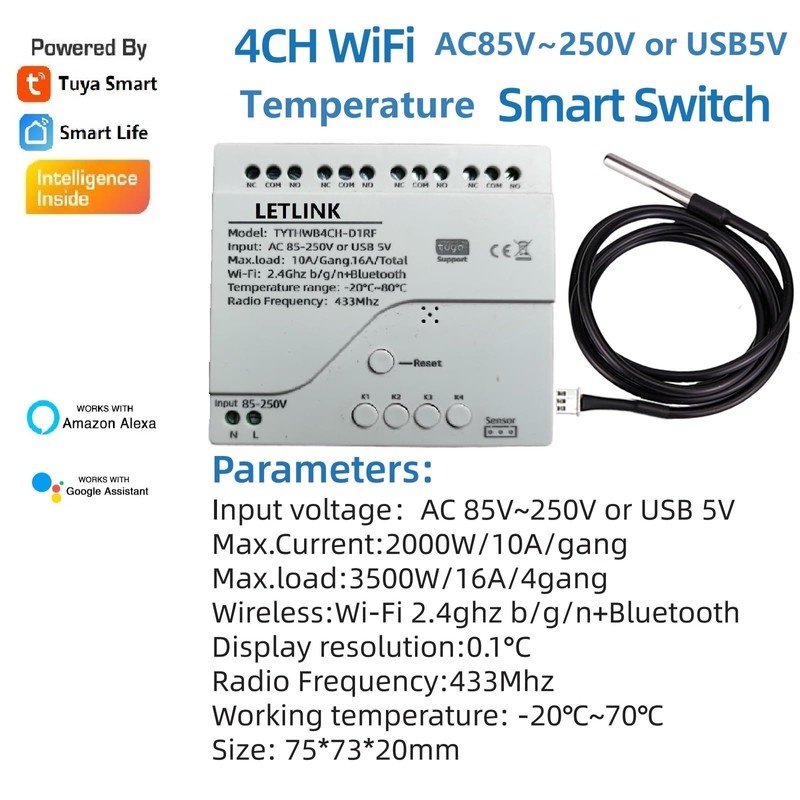 LETLINK 4-CH 85-250V orUSB 5V WiFi Smart Temperature Relay Switch,Dry