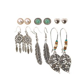 Stocking Stuffers Holiday Outfits for Women 2024 6Pairs Boho Earrings for Women Silver Bohemian Dangle Earring Hollow Leaf Earrings Set Retro Round Stud Earring Western Jewelry Gifts for Girls